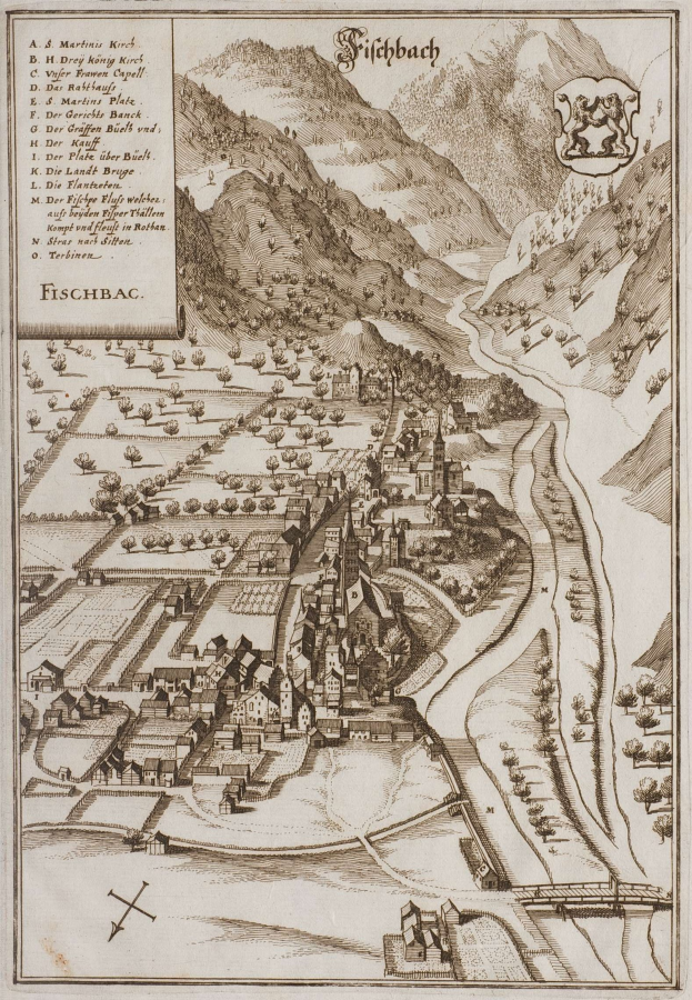 Ein altes Fischbach-Karte von Deutschland, das Häuser, Bäume, Hügel, einen gewundenen Fluss, Text und ein Logo zeigt.