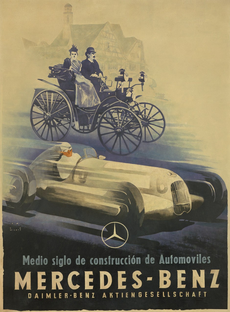 Vintage Mercedes-Benz-Werbung aus den 1930er Jahren, die ein Plakat mit einem Auto, zwei Personen im Inneren und einem Geb├Ąude im Hintergrund zeigt, begleitet von beschreibendem Text.
