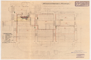 Schwarz-weißer Architekturplan des Rosenhof-Krankenhauses in Hamburg, Deutschland, mit detaillierter Darstellung mit zahlreichen Kabeln und beschrifteten Räumen, Fluren und Merkmalen.