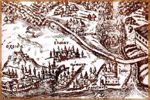 Ein hölzernes Schild mit einer detaillierten, rustikalen Stadtkarte.