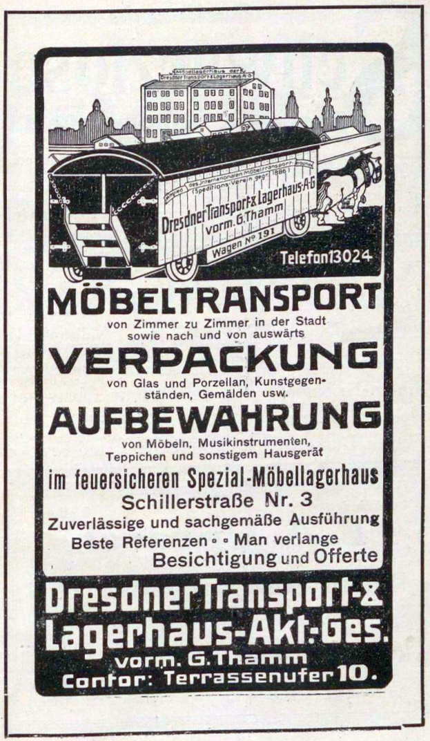 Anzeige mit einem Zug, Text 'Dresdner Transport & Lagerhaus-Akt-Ges' und Gebäuden im Hintergrund.