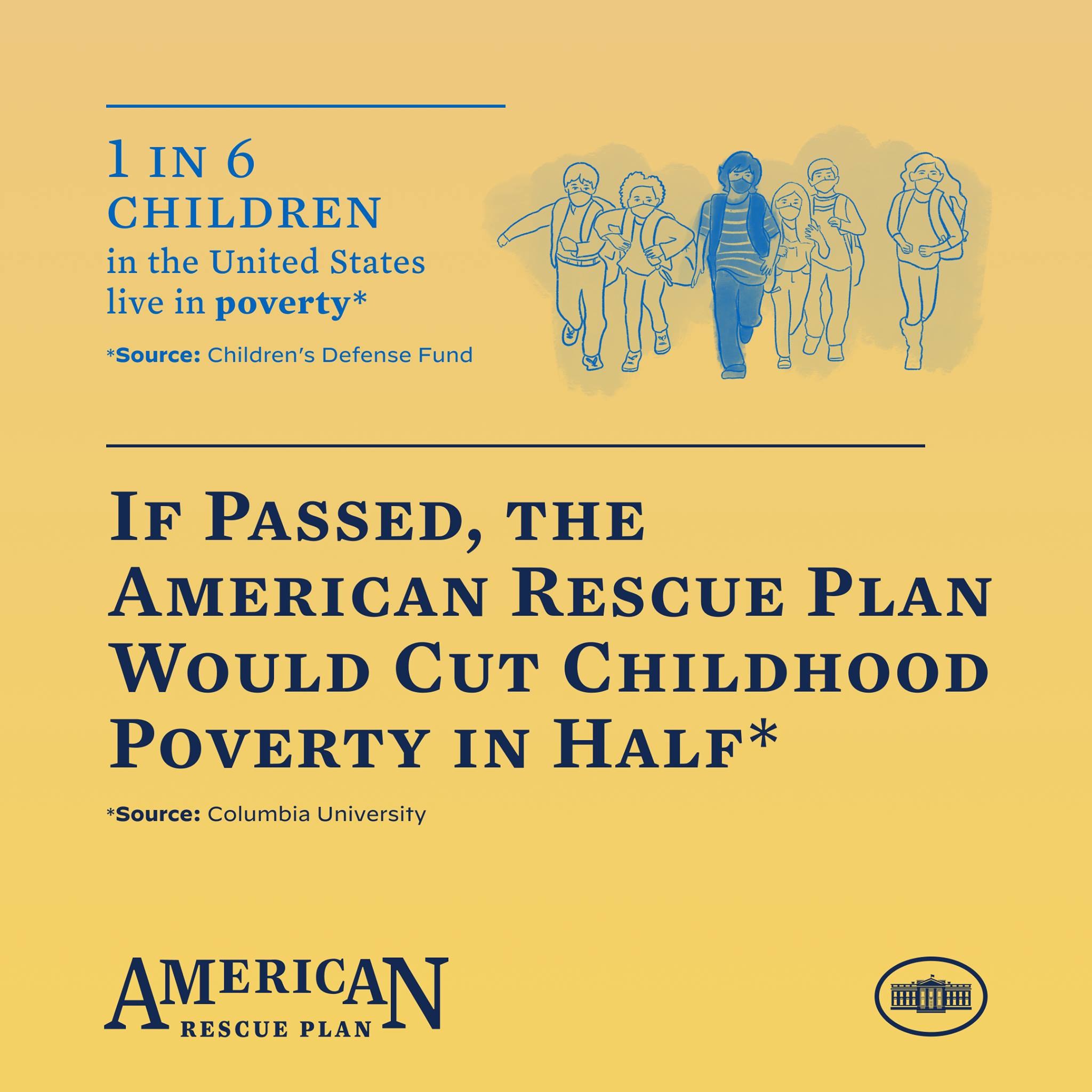 Plakat für den American Rescue Plan, mit dem Text, dass es die Kindarmut in der Hälfte reduzieren würde und einem Bild einer vielfältigen Gruppe von Menschen.