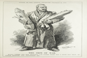 Ein altes Buch mit einer Zeichnung eines Mannes, der eine Rakete hält, mit der Inschrift "Die Kriegskinder" auf der Seite.