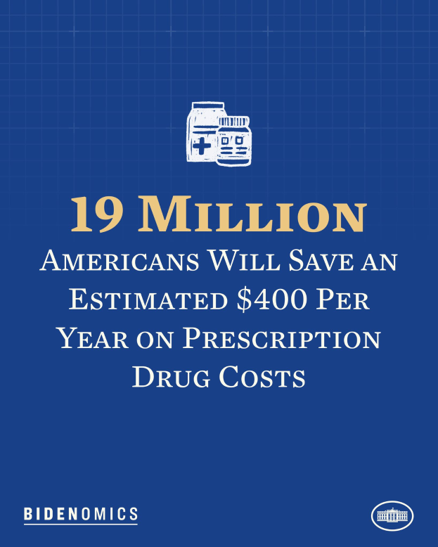 Ein blauer Hintergrund mit weißer Schrift und einem Logo, auf dem steht "19 Millionen Amerikaner werden geschätzte 400 USD pro Jahr an Arzneikosten sparen".