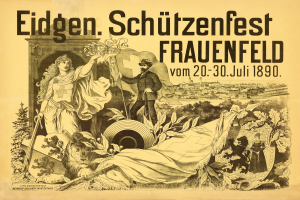 Ein Vintage-Plakat, das das Eidgen Schützenfest in Frauenfeld, Deutschland, bewirbt, zeigt einen Mann in einem Anzug und eine Frau in einem Kleid nebeneinanderstehend, mit Veranstaltungseinzelheiten darauf geschrieben.