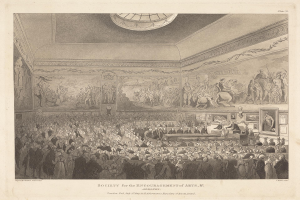 Eine Gravur eines großen Raums voller Menschen, einige stehen und einige sitzen, mit Rahmen an den Wänden und einer Decke darüber. Unten im Bild steht Text, der "Gesellschaft zur Förderung der Künste" lautet.
