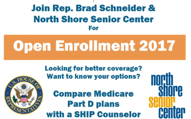 Plakat mit dem Text "Treten Sie Rep. Brad Schneider & North Shore Senior Center für die Open Enrollment 2017" und einem Logo.