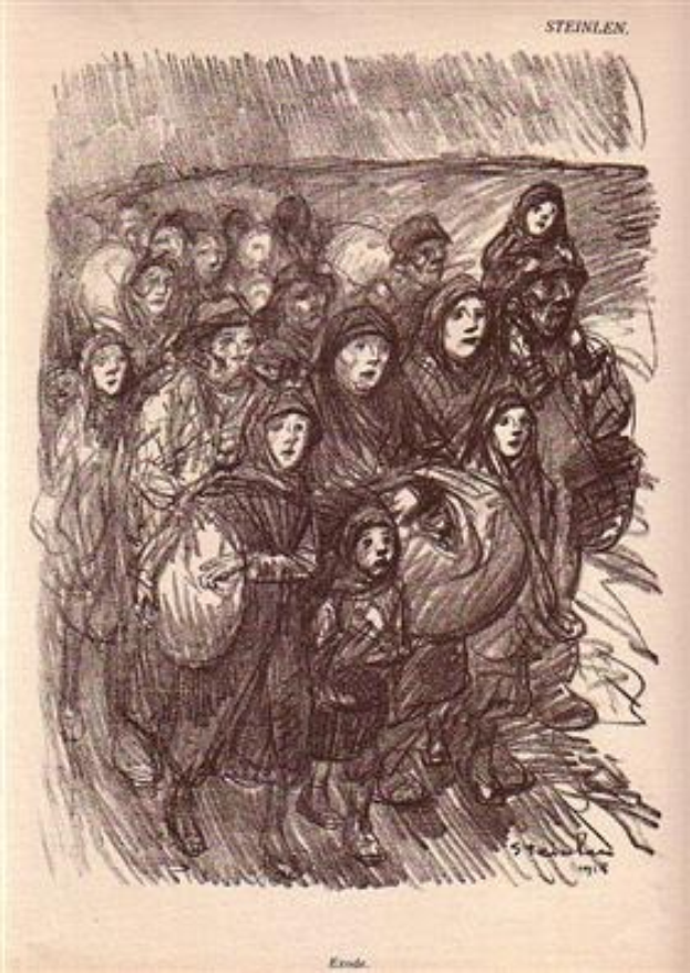 Eine Zeichnung von Menschen, einige in traditioneller und andere in moderner Kleidung, die vor einer Menge mit Text oben und unten auf dem Papier stehen.