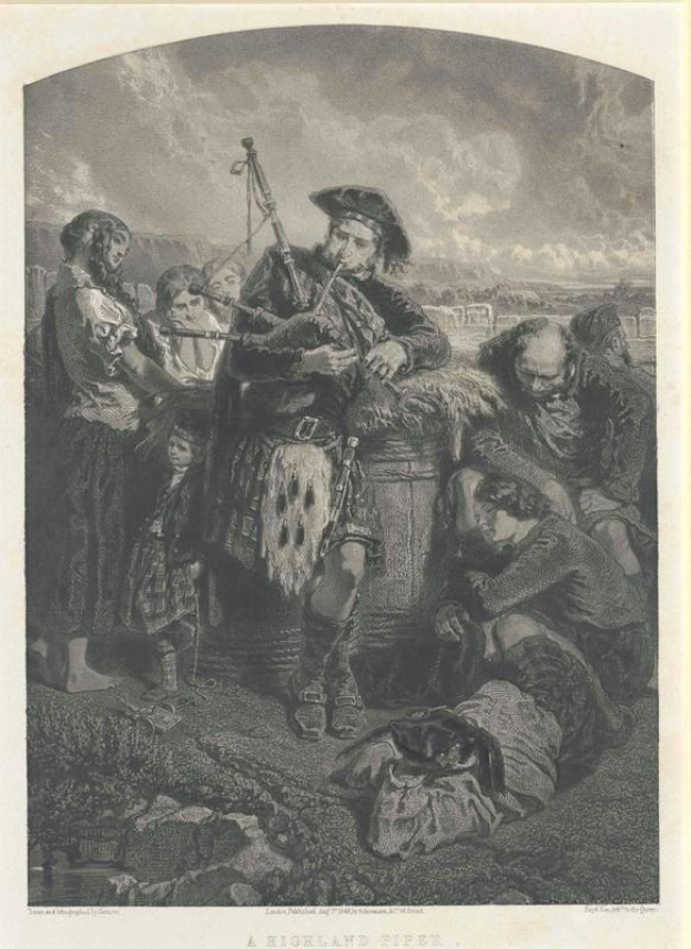 Schwarze und weiße Gravur eines Mannes, der eine Dudelsack vor einer Gruppe von Menschen unter einem bewölkten Himmel spielt, mit dem Text "Ein Highland-Pfeife" unten.