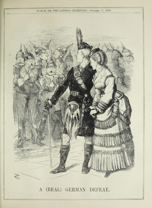 Ein Mann und eine Frau stehen vor einer Menge, der Mann hält einen Stock in der Hand, auf einem Blatt Papier mit deutscher Schrift und Zahlen, die eine Niederlage angeben.