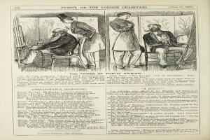 Eine Schwarz-Weiß-Illustration einer alten Buchseite, die einen Mann in einem Stuhl mit ernstem Gesichtsausdruck und eine Frau daneben zeigt, die nachdenklich aussieht, mit der Überschrift "Die Macht der öffentlichen Meinung" sichtbar.