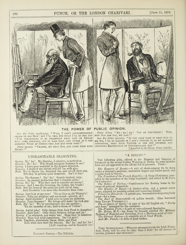 Eine Schwarz-Weiß-Illustration einer alten Buchseite, die einen Mann in einem Stuhl mit ernstem Gesichtsausdruck und eine Frau daneben zeigt, die nachdenklich aussieht, mit der Überschrift "Die Macht der öffentlichen Meinung" sichtbar.