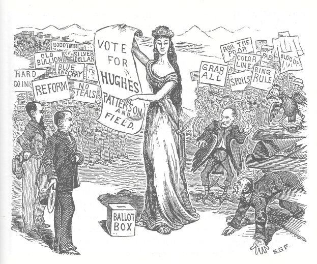 Eine Frau steht in der Mitte und hält ein 'Wähle Hughes'-Schild, umgeben von Menschen, einige halten Schilder mit Text, mit einem Kasten unten im Bild.