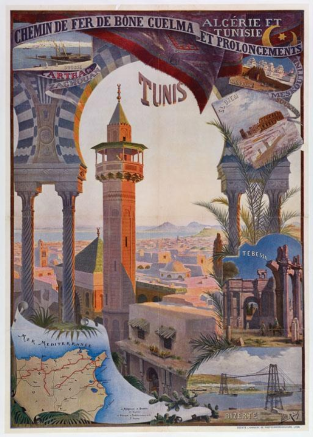 Vintage-Reiseplakat von Tunesien mit einer Stadtkarte, einem Turm, Gebäuden, Bäumen, Wasser, einer Brücke und Text auf weißem Hintergrund.