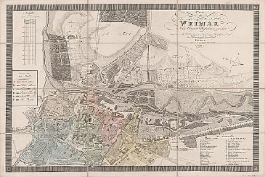 Ein detailliertes altes Stadtplan von Weimar, Deutschland, der Straßen, Gebäude und Sehenswürdigkeiten zeigt, mit begleitendem Text über die Bevölkerung und bemerkenswerte Merkmale.