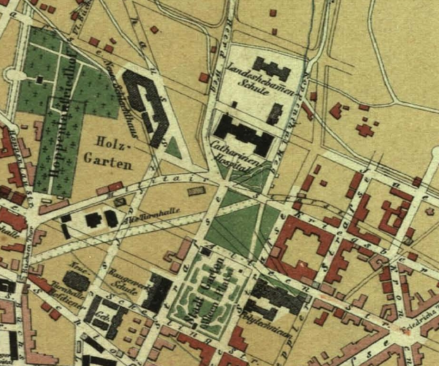 Ein alter Stadtplan von Köln, Deutschland, der Straßen, Gebäude und Sehenswürdigkeiten in detaillierter Weise zeigt.