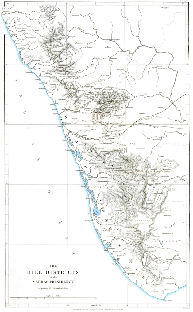 Eine detaillierte Karte der Hügelbezirke in der Madras-Präsidentschaft, die die Bezirksgrenzen, Städte und umgebende geografische Merkmale zeigt, mit Text oben und unten, der zusätzliche Informationen bietet.