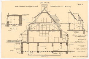 Ein detailliertes architektonisches Zeichnung eines Hauses mit zahlreichen Fenstern und einem Dach, das als erstes Haus in Deutschland gilt, begleitet von Text und strukturellen Plänen auf Papier.