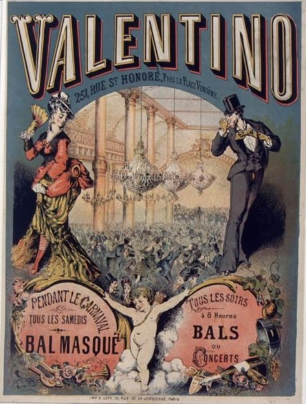 Ein Plakat für eine Valentinstagsparty in Paris, das einen Mann mit Zylinder und eine Frau in einem langen Kleid zeigt, die nebeneinander stehen, mit Veranstaltungstext darauf.