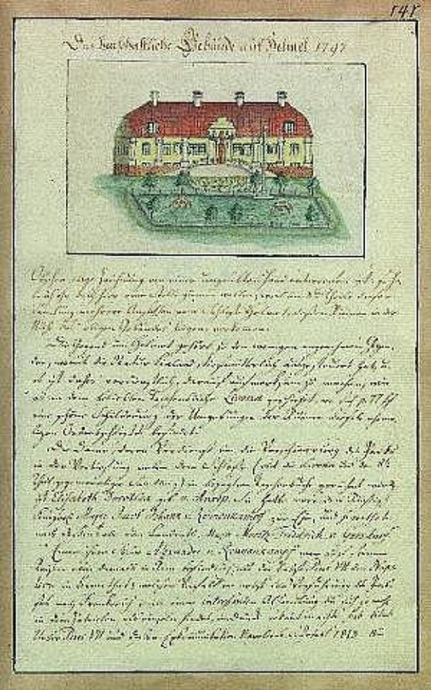 Ein historisches Dokument aus dem Jahr 1797 mit einer detaillierten Zeichnung eines weißen Hauses mit rotem Dach, signiert von der Schleswig-Holstein-Schule Delmar in Deutschland, mit handgeschriebenem Text, der wahrscheinlich die Geschichte der Schule beschreibt.
