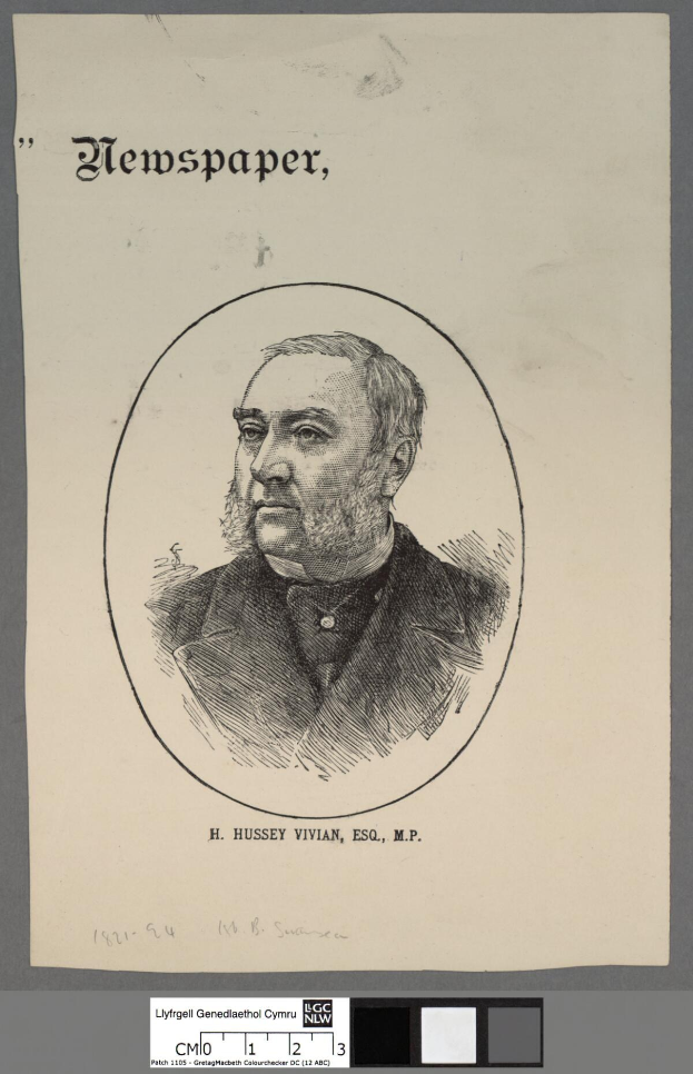 Porträt von H. Hussey Vivian, Esq., M.P. in Anzug und Krawatte mit ernstem Gesichtsausdruck, auf einer Zeitung mit Kursivtext oben gedruckt.