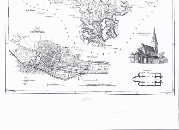 Eine schwarz-weiße alte Karte von Hamburg, Deutschland, die eine Kirche in der Mitte und Textanmerkungen zeigt.