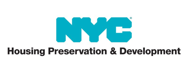 Logo der NYC Housing Preservation & Development auf einem weißen Hintergrund mit fetter schwarzer Schrift und einem schmalen schwarzen Rand.