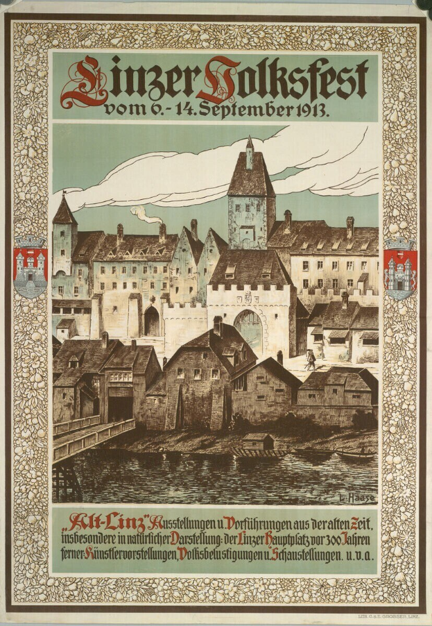 Alter Plakatwerbung für ein Festival in Deutschland, das eine Illustration einer Burg umgeben von Häusern mit Text zeigt, der Festivaldetails enthält.