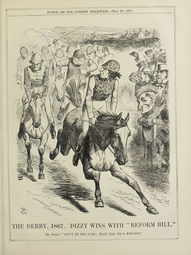 Buchumschlag mit einer gescheckten Stute mit weißer Blesse, schwarzer Mähne und Schweif sowie einem Jockey in einem blauen und weißen gestreiften Hemd mit roter Mütze; Text lautet "Derby, 1867, Sieg mit Reform Bill".