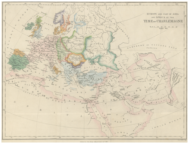 Eine historische Karte von Europa und Afrika zur Zeit von Karl dem Großen, die das Ausmaß des britischen Empire hervorhebt, mit begleitendem Text zu Ländern und Regionen.