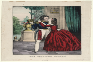 Ein Mann und eine Frau in einem roten Kleid umarmen und küssen sich vor einem Fenster, mit einem Blumenstrauß auf einem Sockel im Vordergrund, Bäumen im Hintergrund und einem Vorhang auf der rechten Seite. Text ist unten im Bild zu sehen.