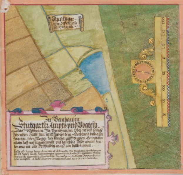 Illuminierte Handschriftseite mit detaillierter Karte von Stuttgart, Deutschland, mit Straßen, Gebäuden und Sehenswürdigkeiten, begleitet von beschreibendem Text.