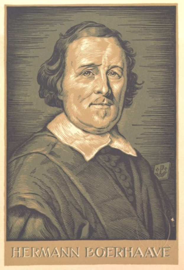 Portrait von Hermann Boerhaave, einem deutschen Philosophen, mit Text unten im Bild.