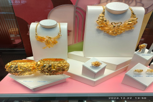 Eine Vitrine voller Goldschmuck, darunter Ketten, Armbänder und Ohrringe, auf weißen Boxen angeordnet, mit einer Glaswand im Hintergrund und Zahlen, die auf einen Juwelier in China hinweisen.