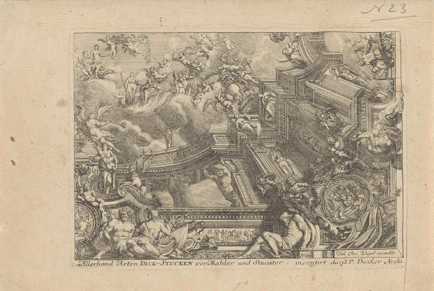 Eine Zeichnung eines Raums mit einer Decke, die Skulpturen und Text zeigt, auf einem Blatt Papier.