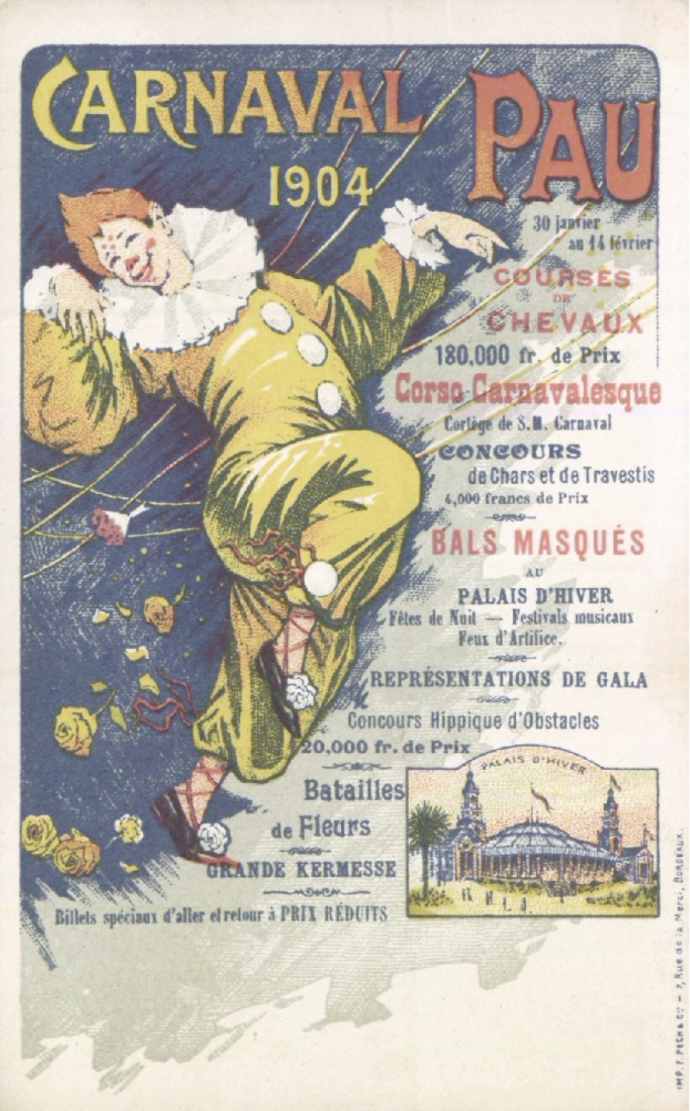 Ein altes Buch mit einem Clown in einem bunten Kostüm und einem frechen Gesichtsausdruck auf dem Cover, betitelt mit 'Carnaval Pau 1904'.