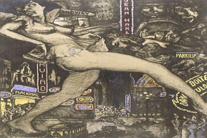 Ein Plakat, das eine Frau zeigt, die anmutig vor einem bewundernden Publikum tanzt, mit fetter Schrift und anderen Objekten im Hintergrund.