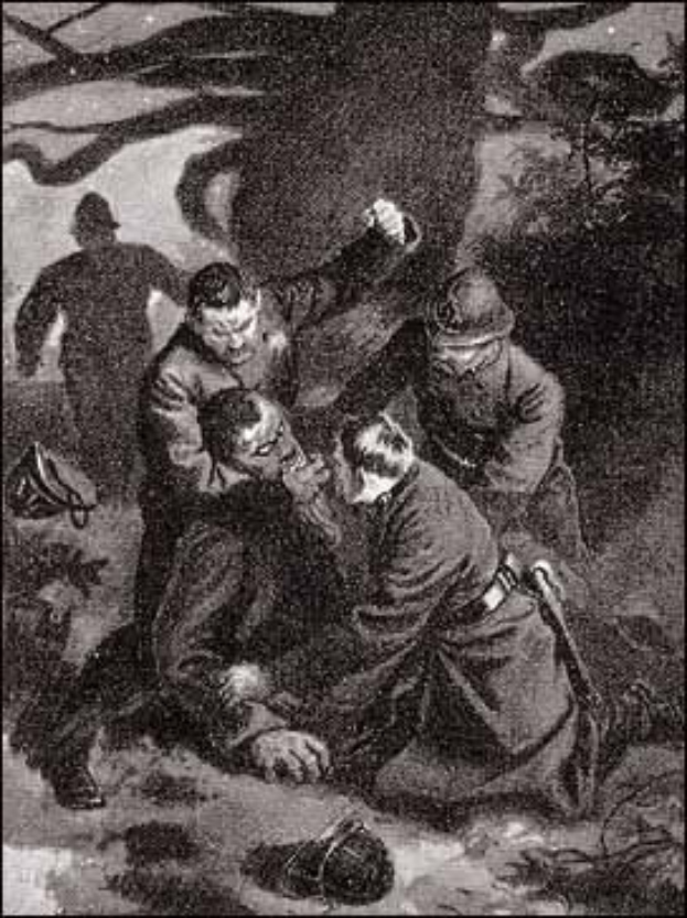 Eine Schwarz-Weiß-Illustration einer Gruppe von Männern im Wald, wobei einer ein Objekt hält, und ein Text unten mit der Aufschrift "Der Tod eines deutschen Soldaten".