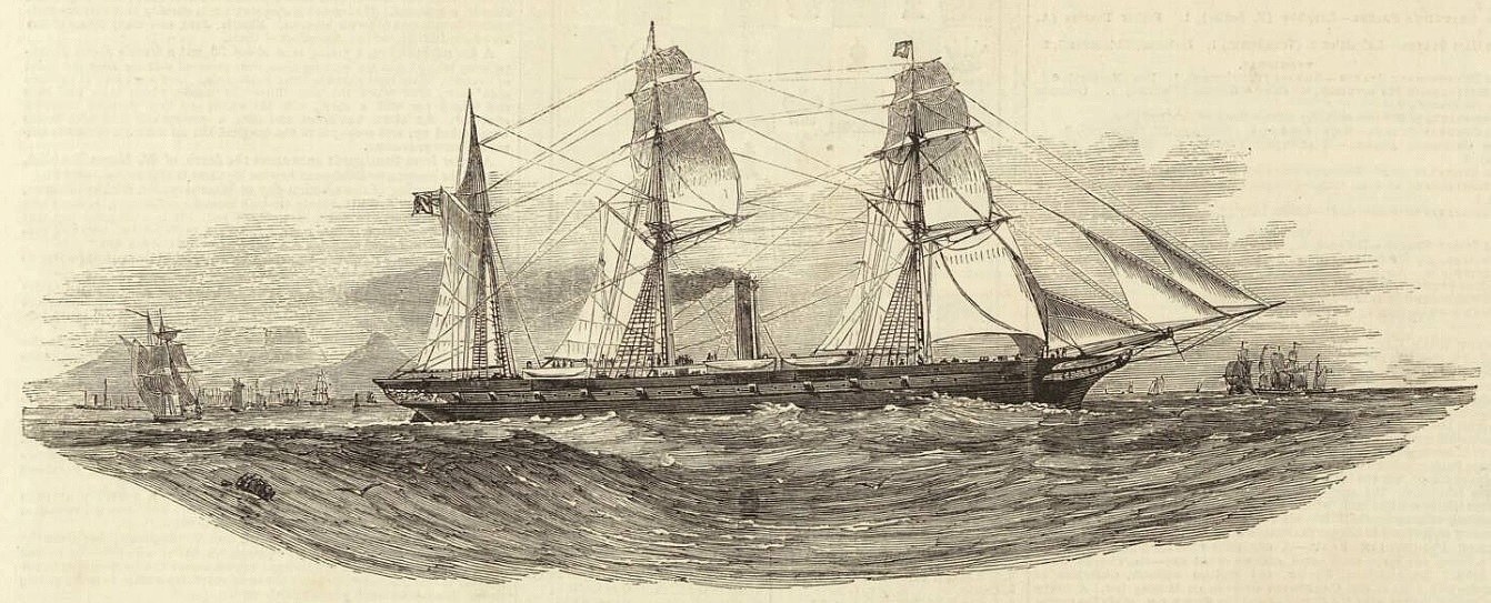 Gravur eines detaillierten Segelschiffs mit geblähten Segeln und glänzendem Rumpf, das auf dem Meer segelt, mit anderen Schiffen im Hintergrund und Text unten.