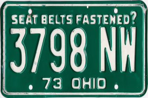 Grüner Ohio-Kennzeichen mit weißer Schrift "Sicherheitsgürtel angelegt?" auf weißem Hintergrund.
