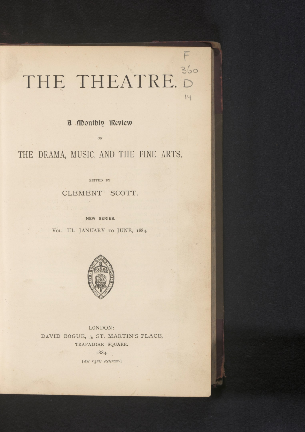 Ein Buch mit dem Titel "The Theatre: A Monthly Review of the Drama, Music, and the Fine Arts" ist aufgeschlagen und zeigt eine Textseite und ein Logo.
