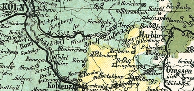 Ein detaillierter alter Stadtplan von Köln, Deutschland, der Straßen, Gebäude und Sehenswürdigkeiten mit Text zeigt, der den Standort der Stadt angibt.