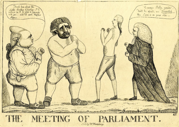 Ein Bleistiftzeichnen mit dem Titel "Die Parlamentssitzung" zeigt drei Personen, die diskutieren und dabei eine Person mit ausladenden Gesten.