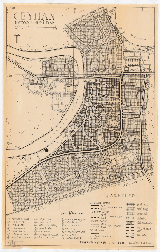 Detailreiches altes Stadtplan von Ceyhan, Türkei, zeigt Straßen, Gebäude und Sehenswürdigkeiten mit zusätzlichem Text über Bevölkerung und Standorte.