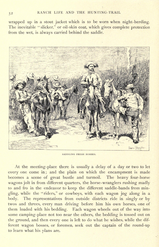 Eine Buchseite mit einer Illustration von Cowboys auf galoppierenden Pferden auf einer grünen Wiese, mit dem Text "Ranch Life and the Hunting Trail".