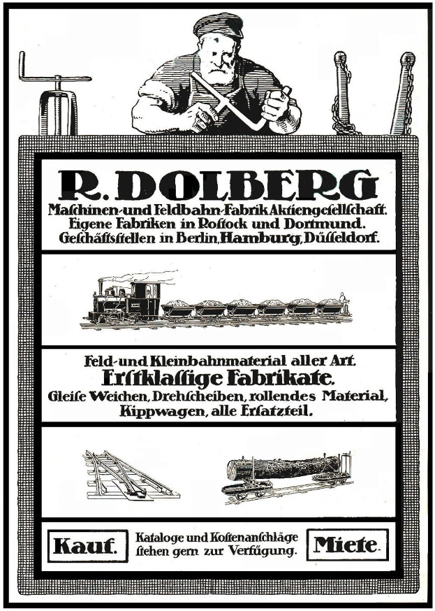 Werbung für die Fabrik von R.D. Dolberg in Hamburg, Deutschland, mit Text und Bildern einer Person, eines Zugs und anderer Gegenstände.