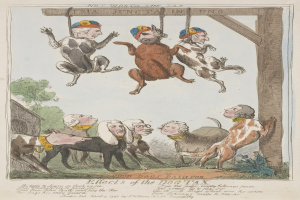 Eine Zeichnung auf Papier zeigt Menschen und Tiere, darunter einen Hund, der an einem hölzernen Pfahl hängt, mit begleitendem Text, der wahrscheinlich über eine Hundesteuer handelt.