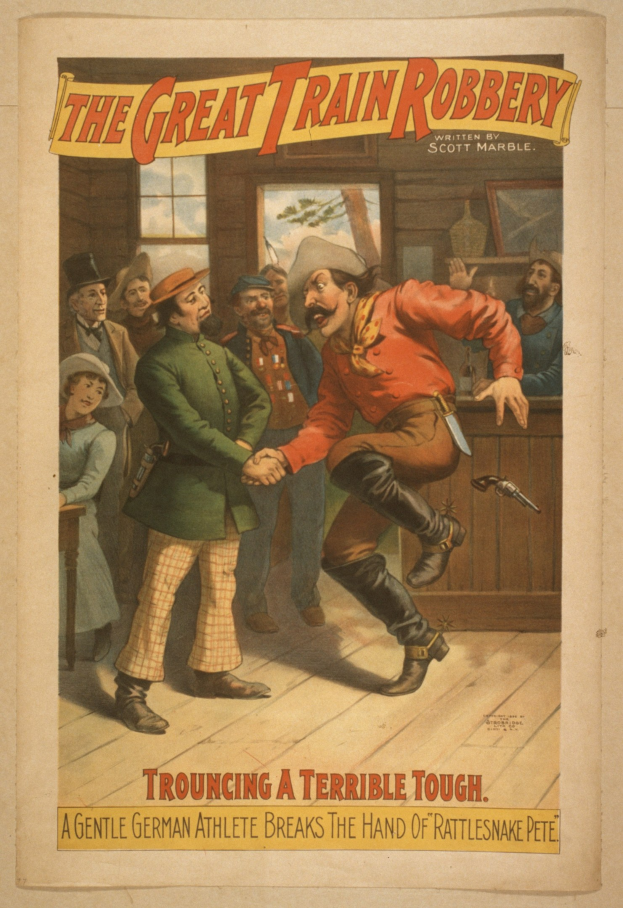 Plakat für "The Great Train Robbery" zeigt eine Gruppe von Menschen, die drinnen stehen und einer eine Waffe hält, ein Fenster und eine Wand im Hintergrund und Text oben und unten.