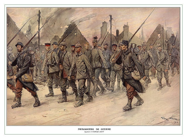 Ein Bild einer Gruppe von Männern, die eine Straße entlanggehen, einige halten Waffen in den Händen, mit Pfählen und Gebäuden im Hintergrund und dem Text "Prisoniers de Guerre" unten.