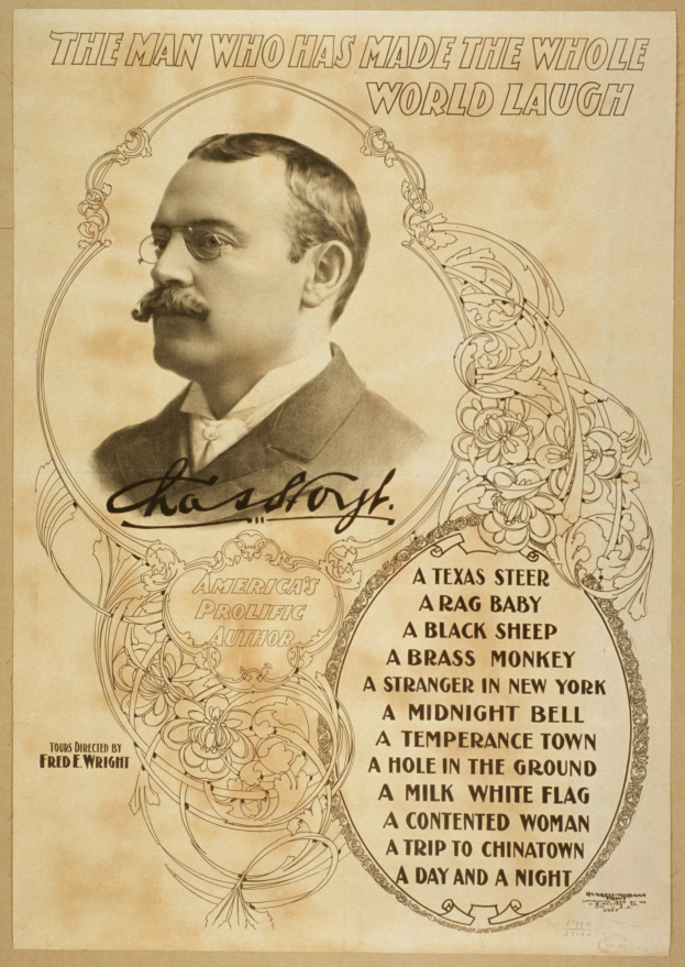 Ein Mann mit Schnurrbart und Brille trägt Anzug und Krawatte und schaut ernst in die Ferne, darüber steht der Text "Der Mann, der die ganze Welt zum Lachen gebracht hat."